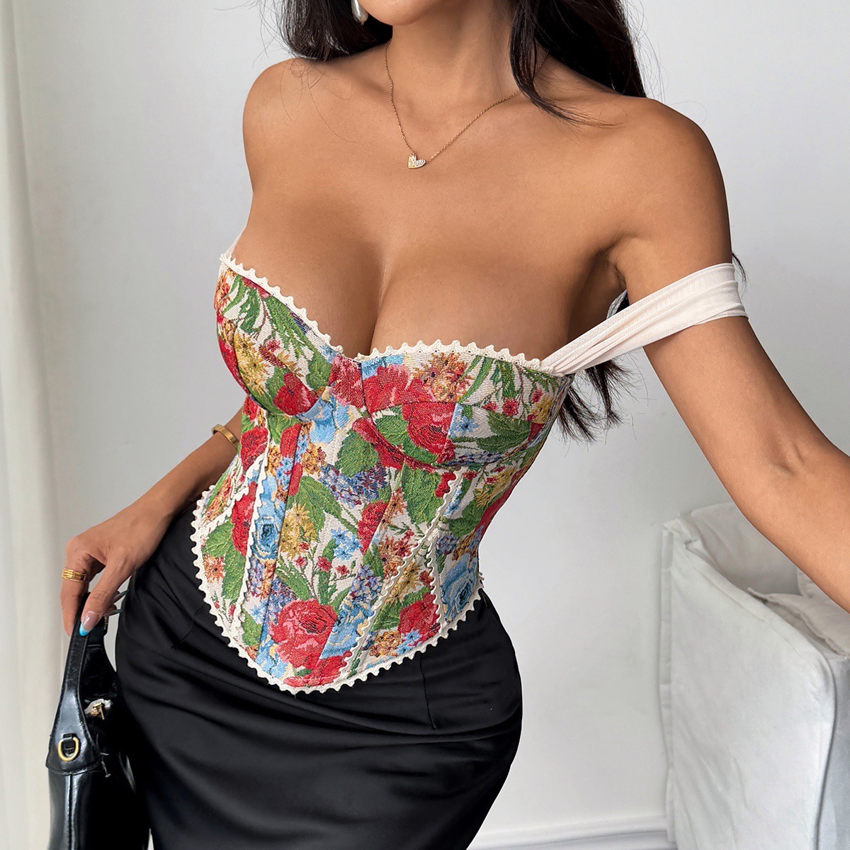 Womens  Vintage Floral Off-Shoulder Corset Top With Lace Trim Design